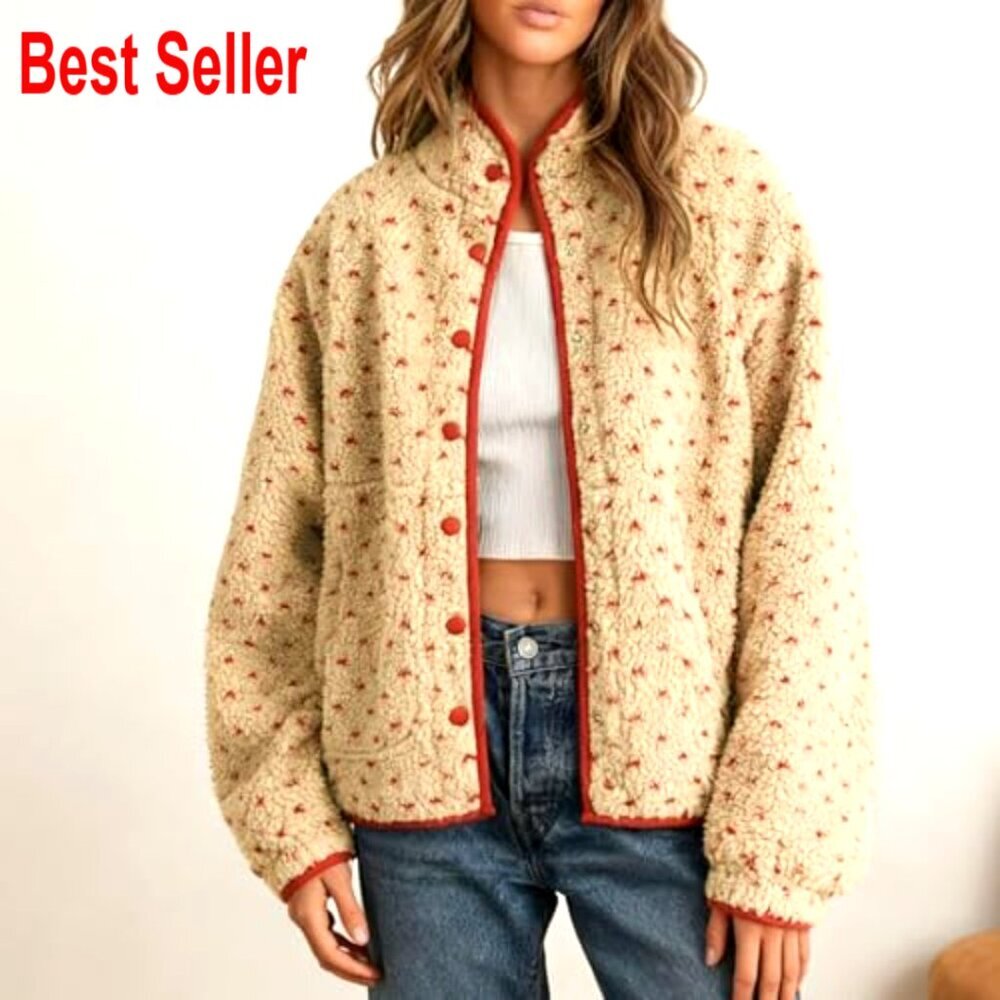 Oversized Sherpa Puffer Jacket Button Down High Neck Polka Dot Cozy Quilted - Picture 4 of 7